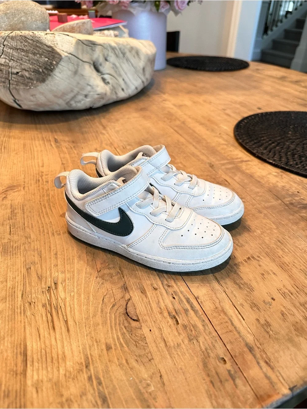 Nike Kids White Sneakers with Dark Green Swoosh